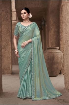 sari en satin avec broderie vert mer SR28050