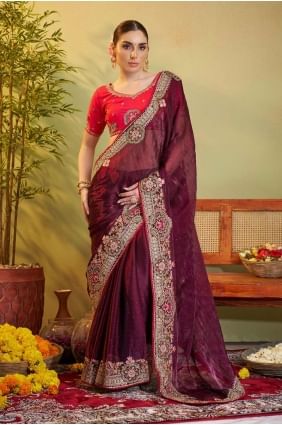 sari en satin avec broderie couleur vin SR28241