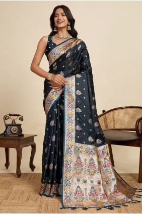 Sari en satin tissé noir SR28873
