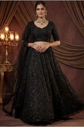 Lehenga Choli en satin noir à sequins LC8942
