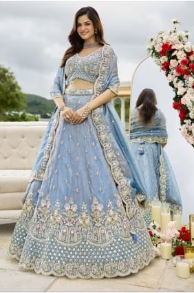 Lehenga Choli bleu ciel en satin brodé avec dupatta LC8753