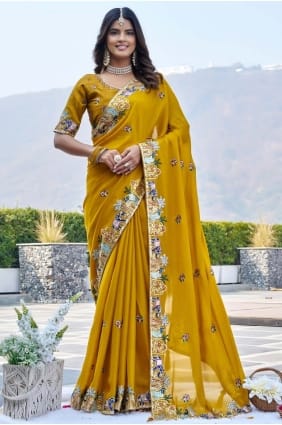 Sari en satin jaune à sequins et fils SR29625