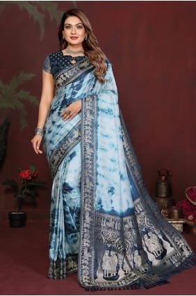 Sari en satin bleu zari à l'allure riche SR29857