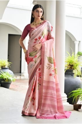 Sari beige imprimé en satin zari avec blouse assortie SR29772