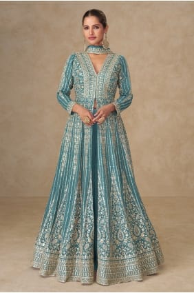 Anarkali brodée en mousseline de soie Chinon vert d'eau AS4360