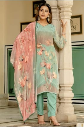 Salwar Kameez en crêpe vert d'eau avec imprimé numérique SK155832