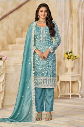 Salwar Kameez en organza vert d'eau avec broderie SK155729