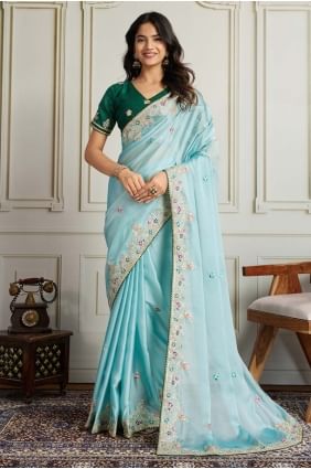 Sari en georgette vert d'eau avec broderies SR28928