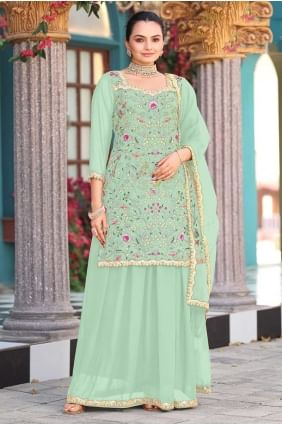 Ensemble Sharara vert d'eau avec georgette brodée SS1283