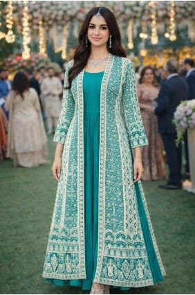 Robe longue en mousseline de soie Chinon brodée vert d'eau GW1259