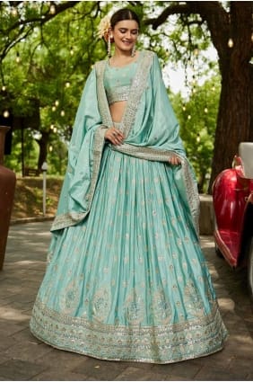 Lehenga choli vert d'eau en mousseline brodée LC8502