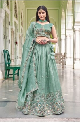 Lehenga Choli vert d'eau en soie filée LC8906