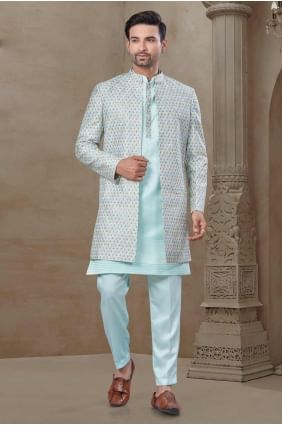 pyjama kurta vert d'eau pour homme avec gilet en soie imprimée KURR514