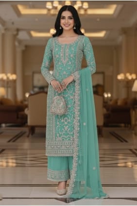 Ensemble palazzo vert d'eau en résille brodée avec dupatta PZ4469