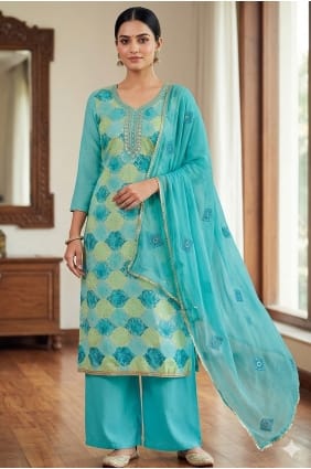 Salwar Kameez en mousseline vert d'eau imprimée SK159112