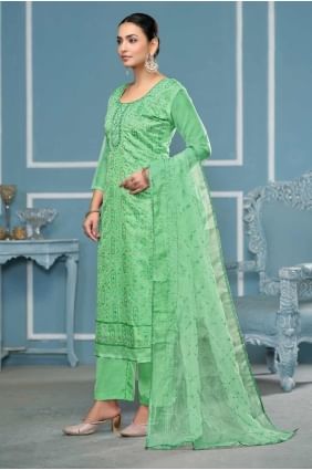 Salwar Kameez brodé vert en coton SK155356