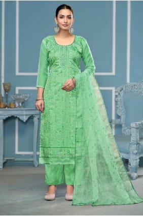 salwar kameez vert mer en tissage de soie de Banaras SK155348
