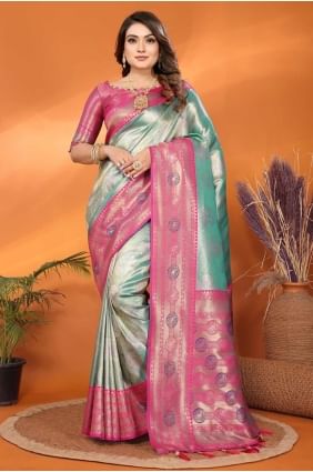 sari vert mer en soie de Banarasi avec tissage SR28247