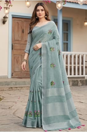 Sari en lin vert d'eau brodé SR29942