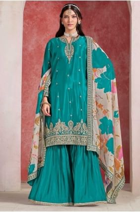 Costume Sharara vert de mer brodé en mousseline avec dupatta SS1264