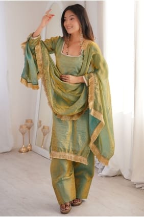 Ensemble palazzo en dentelle vert d'eau et soie PZ4361