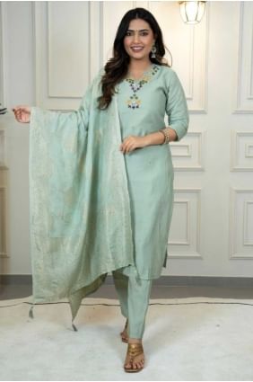 Salwar Kameez en soie vert d'eau avec tissage SK155754