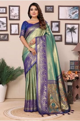 sari en soie banarasi tissé vert d'eau SR28334