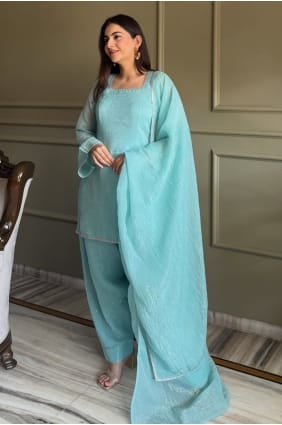 Ensemble pantalon droit vert mer en soie Zardosi avec dupatta SK159181