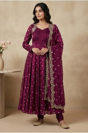 Kurta Anarkali violette en soie à sequins avec dupatta AS4204
