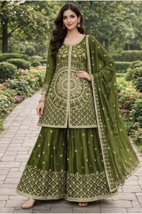 Ensemble palazzo en mousseline vert henné avec sequins PZ4431