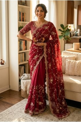 Sari de soirée en mousseline rose brodée SR30057
