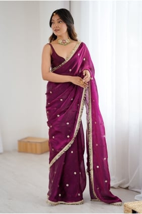 Sari en satin bordeaux à sequins et broderies, avec chemisier assorti SR30347