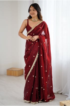 Sari en satin à sequins, brodé en bordeaux SR30342
