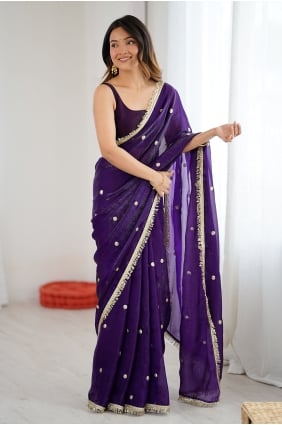 Sari en satin brodé à paillettes violettes SR30344