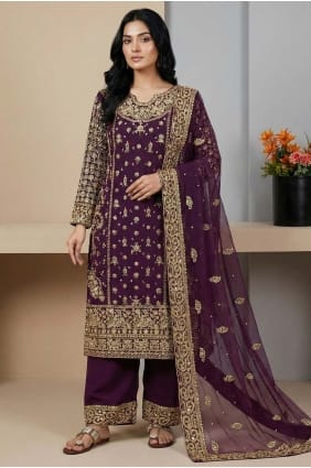 Salwar Kameez en fausse georgette violette avec sequins SK15663