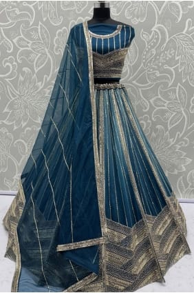 Lehenga Choli bleu turquoise en résille à sequins avec dupatta LC8736