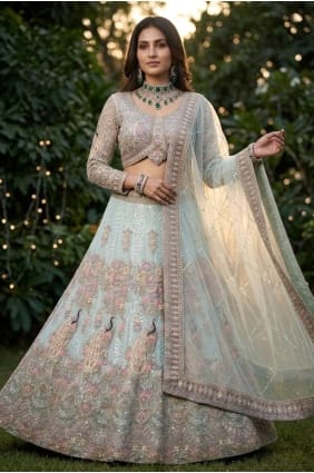 Lehenga Choli bleu ciel en résille à sequins avec dupatta LC9087