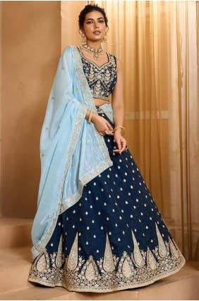 Lehenga Choli en organza à sequins bleus LC8765