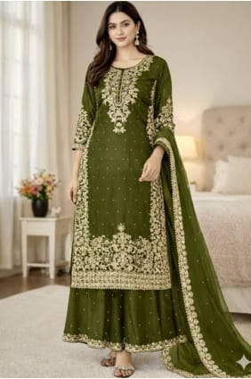 Ensemble palazzo en soie à sequins vert henné PZ4242