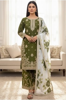Ensemble palazzo en soie à sequins vert henné avec dupatta pour l'Aïd PZ4307