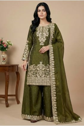 Ensemble palazzo vert henné en soie avec sequins PZ4343