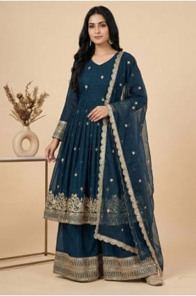 Ensemble palazzo en soie bleu sarcelle à sequins PZ4347