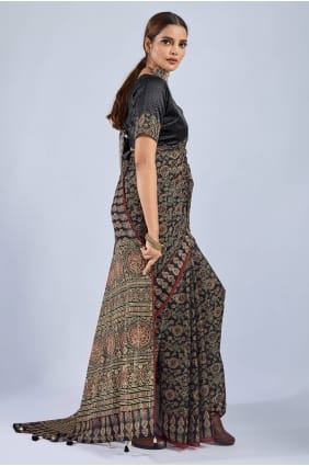 Sari noir en mousseline imprimée SR29986