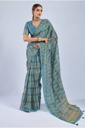 Sari bleu en mousseline imprimée SR29982