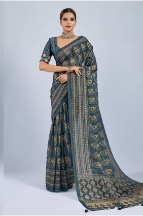 Sari vert en mousseline imprimée SR29984