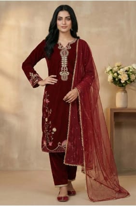 Salwar Kameez en velours bordeaux à paillettes SK156069