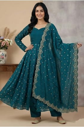 Kurta Anarkali en soie turquoise à sequins avec dupatta AS4203