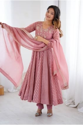 Ensemble Anarkali en soie rose pâle à sequins AS4217