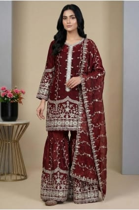 Ensemble Sharara en soie bordeaux avec sequins SS1333