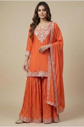 Ensemble Patiala orange en soie à sequins avec dupatta PZ4259